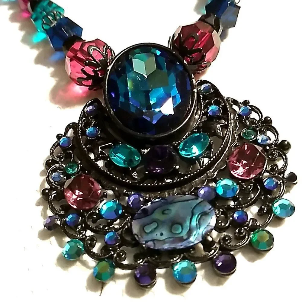 Chico's Necklace Multi-colored Faceted Crystal Beads Black Metal Rhinestone Pend